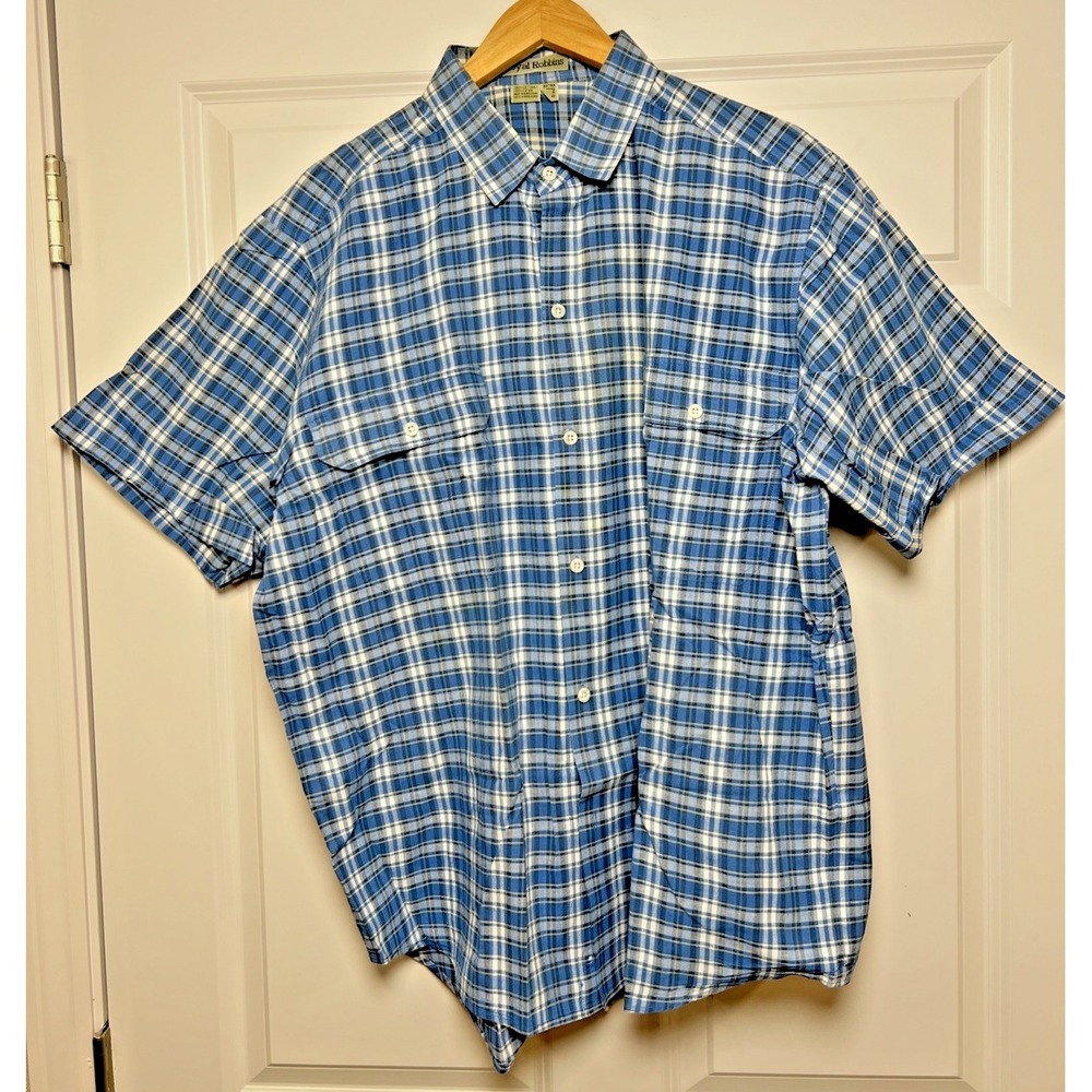 Royal Robbins Mens XL Cotton Short Sleeve Outdoor Travel Shirt Blue Plaid VTG